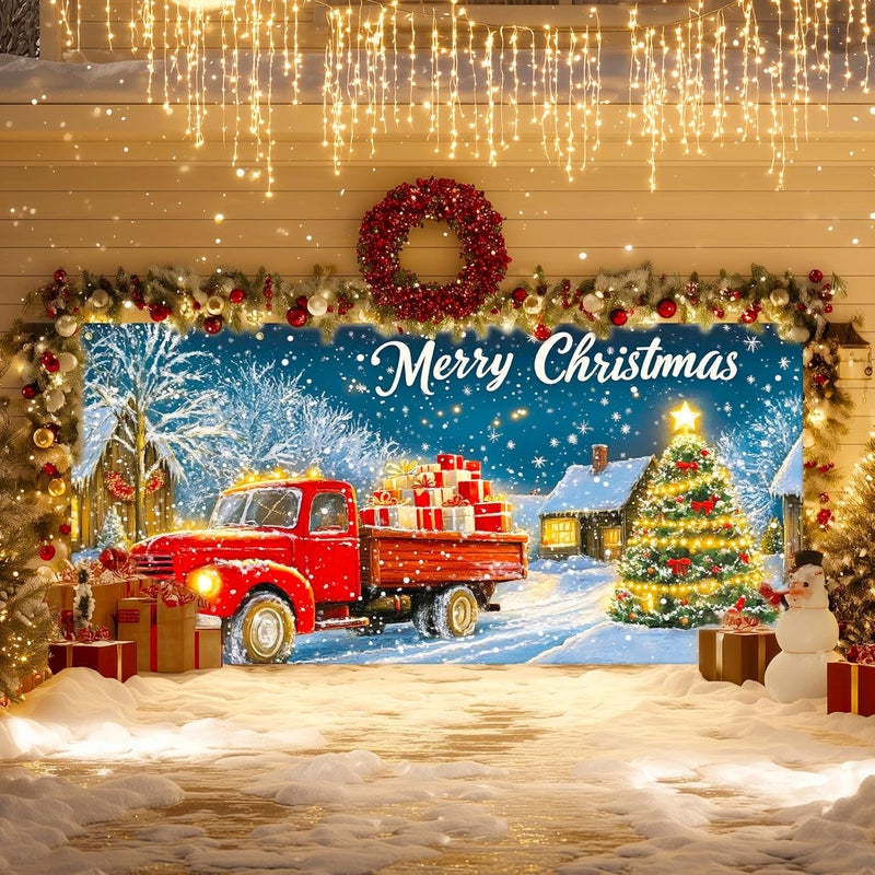 IVN Christmas Garage Door Banner 6x13 ft Red Vintage Truck with Gifts Backdrop Garage Door Covers Decorative Holiday Garage Door Cover Mural Snowy Christmas Tree Scene - Image 2